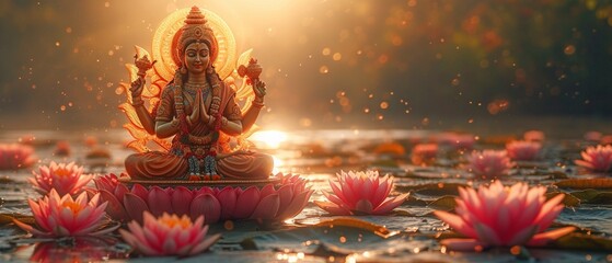 gives the Hindu goddess Laxmi, a representation of wealth and prosperity, a celestial halo and a lotus seat. - obrazy, fototapety, plakaty