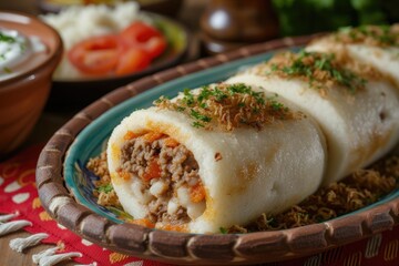 Brazilian food with tapioca dry meat carne de sol cheese and tomato filling - obrazy, fototapety, plakaty