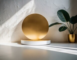 3d render of a gold and podium, modern and abstract minimal scene unfolds, a round golden podium soft white wall background, abstract minimal scene featuring, 