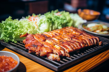 Samgyeopsal ( grilled pork belly BBQ ), korean cuisine. AI Generative - obrazy, fototapety, plakaty