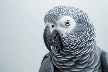 Schilderijen op glas African Grey Parrot is a good imitator of human voice and speech seen in a closeup with a water drop on its beak isolated on a plain background © VolumeThings
