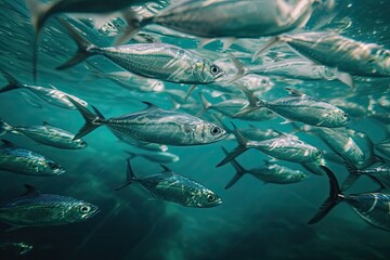 Shoal of sardines gathering and diving in shallow waters