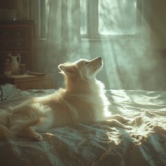 A sweet dog on a bed with volumetric sun rays coming into the room. 