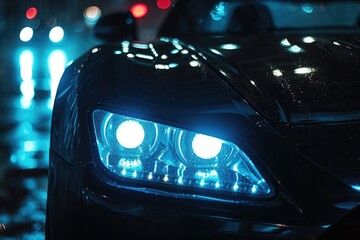 Sports car LED headlights switching off at night with a blinking effect in darkness