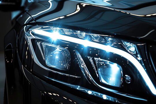 Detailed image of a LED headlight in new car black background blank space