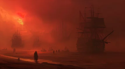Draagtas Silhouetted Figure Watching Sailing Ships at Dusk - Fantasy Illustration  © ConceptArtist