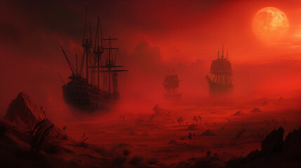 Ghostly Galleons Under Blood Moon - Surreal Sea Illustration
 - obrazy, fototapety, plakaty