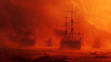 Foto auf Glas Sailing Ships in a Fiery Oceanic Sunset - Digital Art Illustration  © ConceptArtist