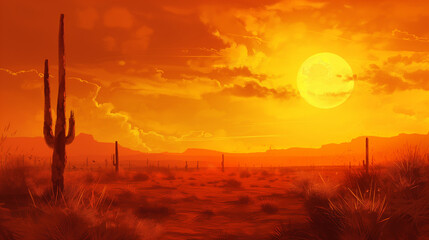 Vivid Sunset Over Desert with Saguaro Cactus - Nature Photography

