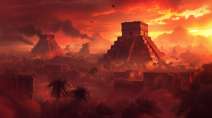 Ancient Mayan Pyramids at Dusk - Historical Fantasy Illustration
 - obrazy, fototapety, plakaty