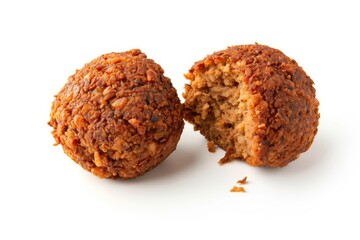Two pieces of falafel and a broken half photographed up close on a white background separate