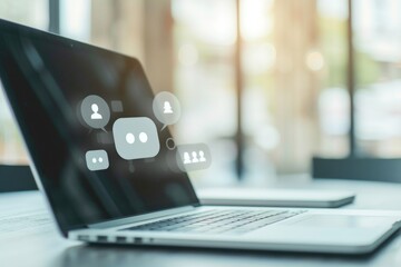 Chat bubble icon on laptop screen, technology, communication and online conversation concept.