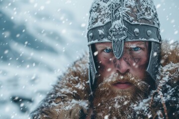 Fototapeta na wymiar Norse warrior viking man with falling snow, Norse mythology and fantasy concept.