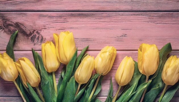 tulips on wooden background, Tulip border with copy space. Beautiful frame of spring flowers. Bouquet of yellow tulips flowers on pink vintage wooden background, wallpaper