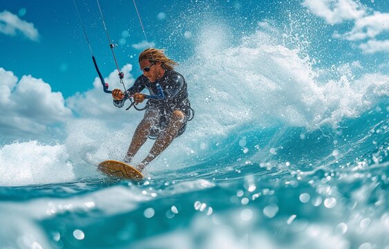 Kiteboarder or kitesurfer performing tricks with their kite