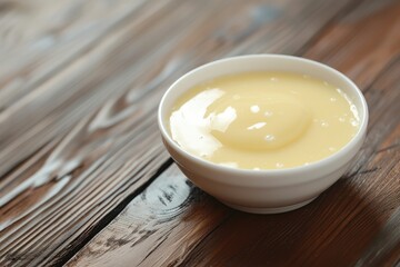 Condensed milk in a bowl on a wooden table