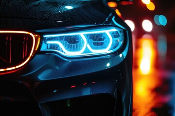 Front view of a modern car with LED headlights on a black background with room for text