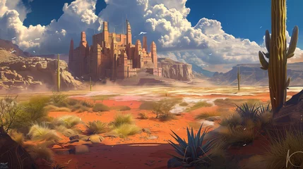 Zelfklevend Fotobehang Sandstone Fortress Amidst Desert Cliffs  © ConceptArtist