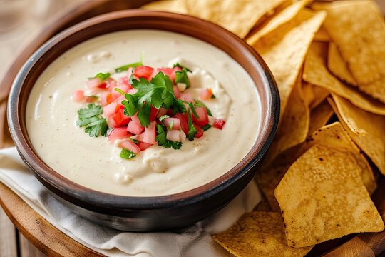 Homemade white queso dip with chips