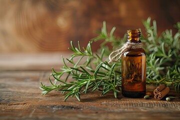 Small bottle of rosemary oil on wooden background Aromatherapy spa and herbal medicine Copy space - obrazy, fototapety, plakaty