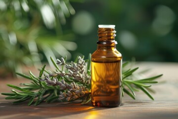 Rosemary essential oil bottle on table