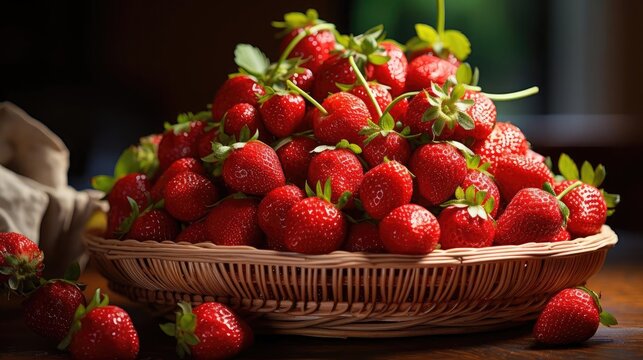 Closeup Strawberries in a bamboo basket with blur background