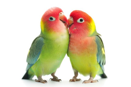 Lovebirds parrots determine their relationship in isolation on a white background