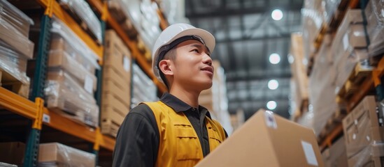 In a logistics center, an Asian male worker inspects cardboard box deliveries in a business warehouse.