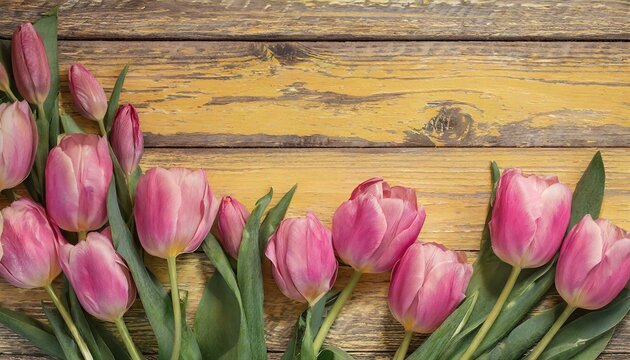 Tulip border with copy space. Beautiful frame of spring flowers. Bouquet of pink tulips flowers on yellow vintage wooden background, wallpaper, pink tulips in the garden