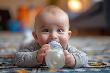 Adorable Baby with Bottle on Carpet