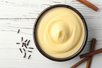 Top view of white wooden table with a bowl of vanilla sauce