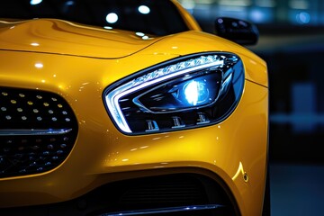 Yellow modern car s front headlights on black background copy space available