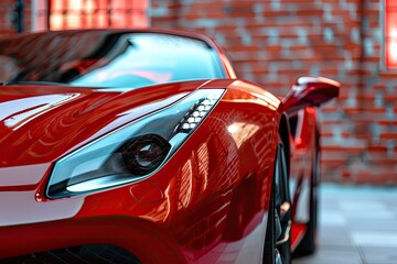 Luxury sports car headlight detail with red paint reflection after cleaning Front view with brick...