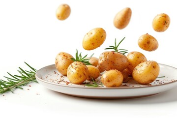 Naklejka na ściany i meble Small baked potatoes with olive oil rosemary garlic falling onto vintage plate isolated on white background