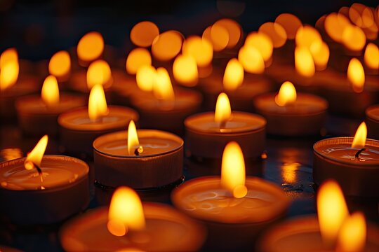 Close up of glowing candle flames on dark background
