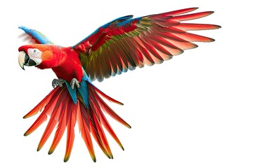 Flying wild parrot isolated on white Bright red and blue south american parrots Ara macao Scarlet Macaw flying with outstretched wings wild amazonian bird