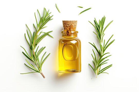 Top view of a bottle of rosemary oil and fresh rosemary twig on white background