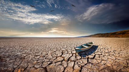 Abandoned rowboat on cracked earth, dry lake bed. Drought and climate change concept. Global warming.