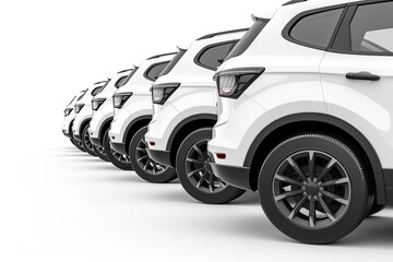 Luxury offroad car fleet in a row devoid of branding isolated on a white background