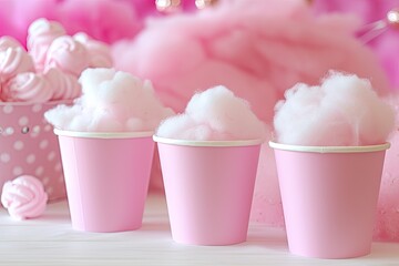 Pink cotton candy filled paper cups for a child s ballerina themed birthday party