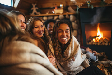 Multiracial women relaxing at home chalet in front of fireplace during winter time - Cozy time with friends concept - Main focus on african female face - obrazy, fototapety, plakaty