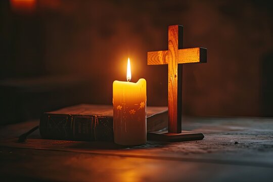 Easter table with religious symbols cross candle and Bible Significance to Christianity Lent and prayer