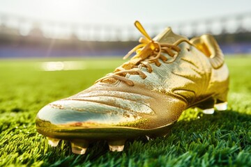 Golden boot on the grass, sports concept.