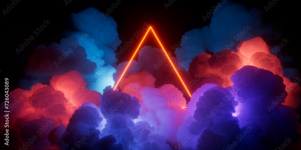 Aufkleber 3d render, glowing red neon linear triangle inside the abstract colorful clouds illuminated from the