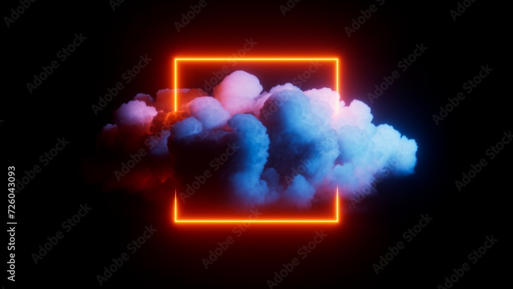 Poster 3d rendering. red neon square frame placed inside the stormy cloud, isolated on black background. fa