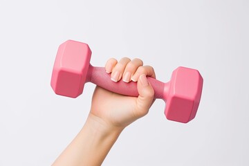 Woman holds pink dumbbell on white background fitness idea