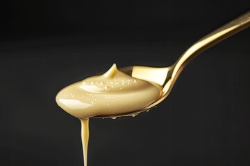 Condensed milk poured on a black background with a golden spoon