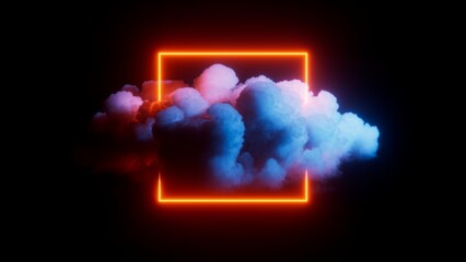 3d rendering. Red neon square frame placed inside the stormy cloud, isolated on black background. Fantastic electric wallpaper