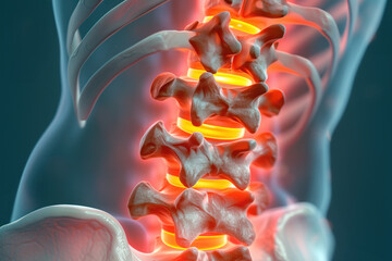Detailed 3D anatomy illustration of an inflamed lumbar spine with inflammation affecting vertebrae AI Generative