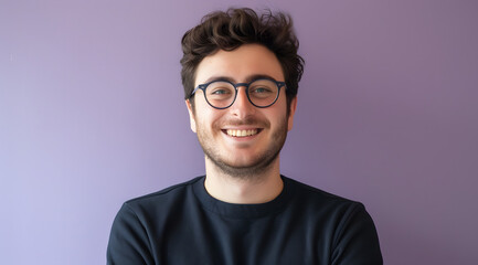 a smiling man wearing glasses in front of a purple background